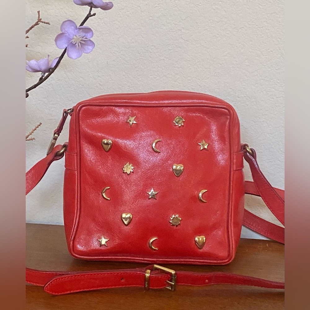 Furla Vintage Crossbody Shoulder Bag with Gold Hearts, Moon, Stars Studs NICE!